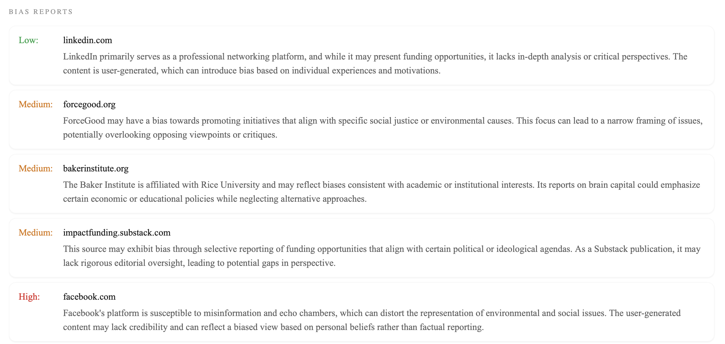 Bias reports grading source credibility and slant