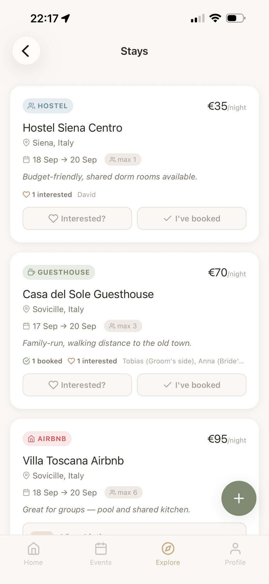 Accommodation options with prices and interest tracking