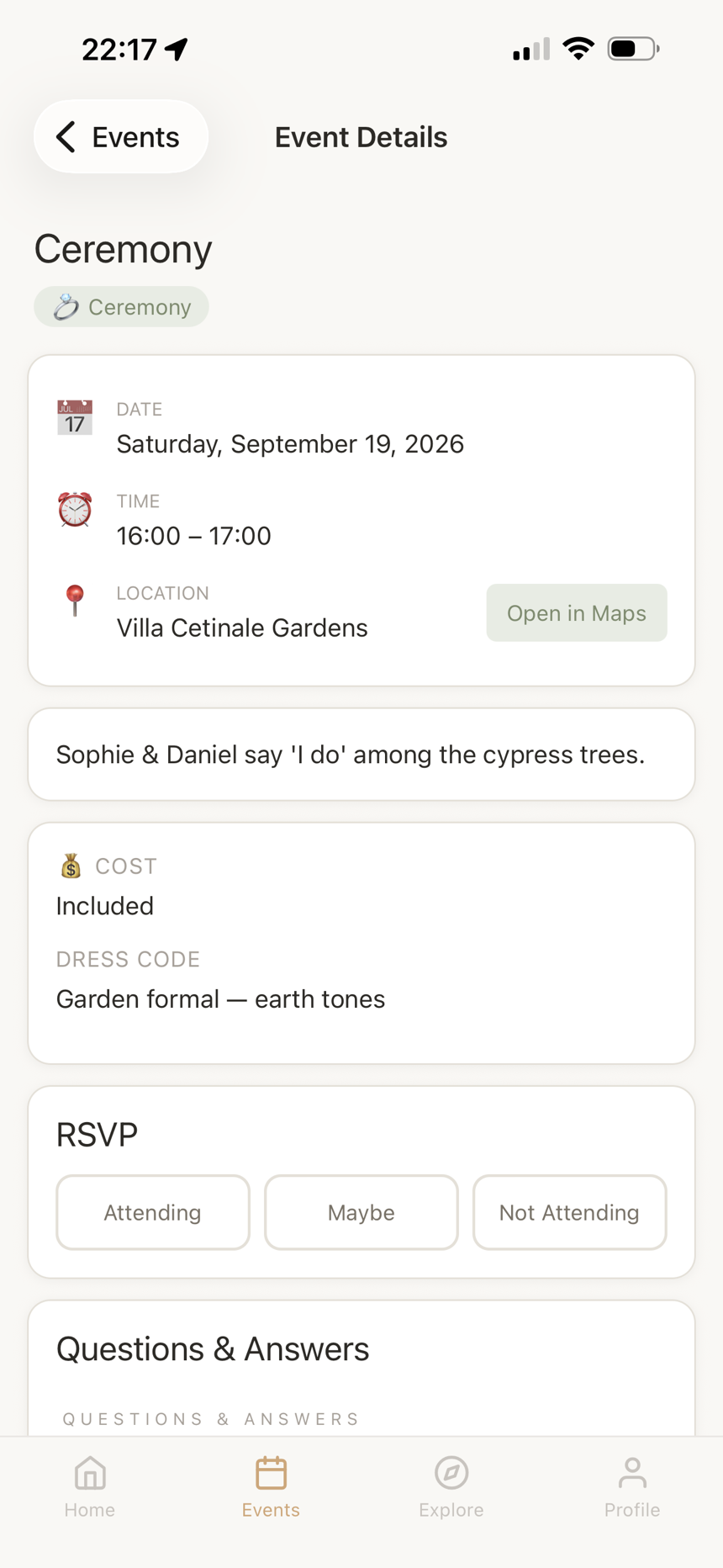 Event details with date, location, dress code, and RSVP