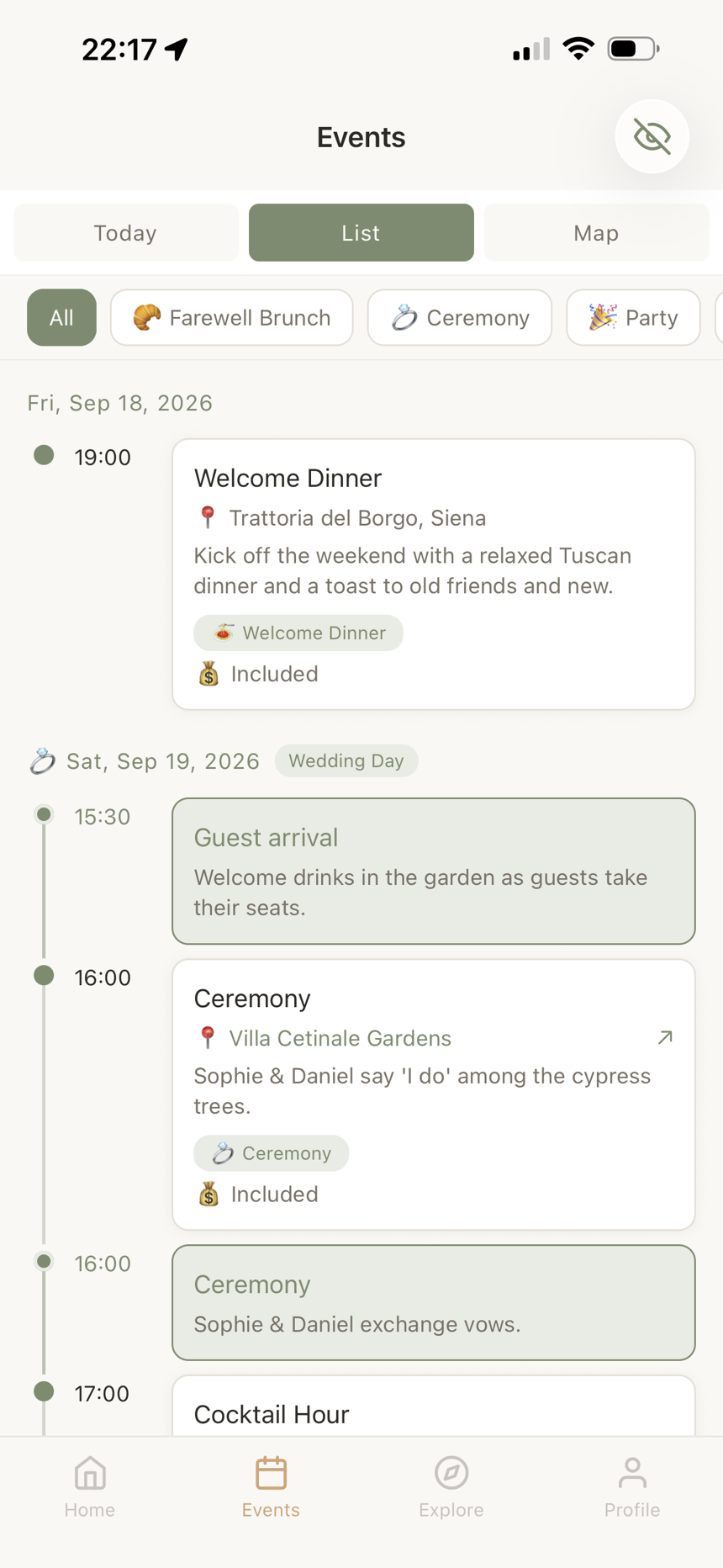 Events timeline with schedule and RSVP tags