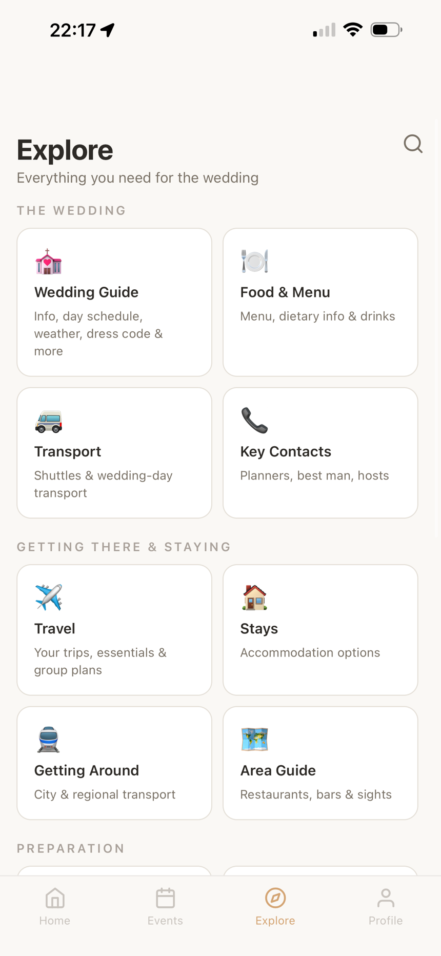 Explore hub with wedding guide, travel, and stays