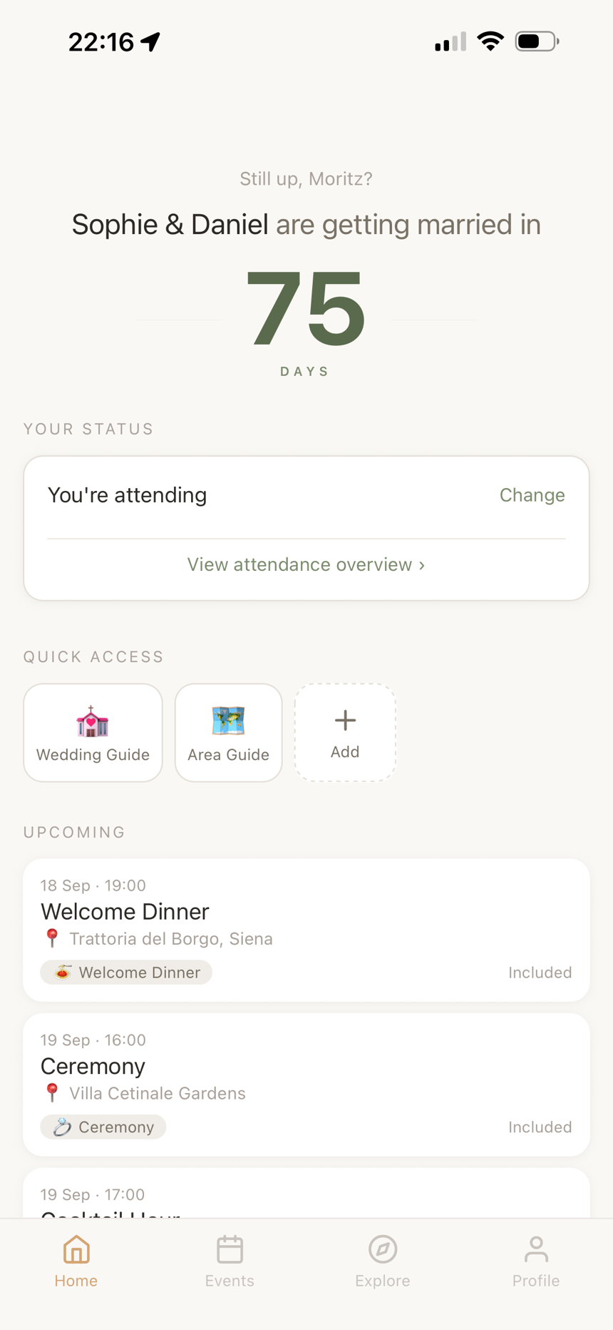 Novi home screen with wedding countdown and upcoming events