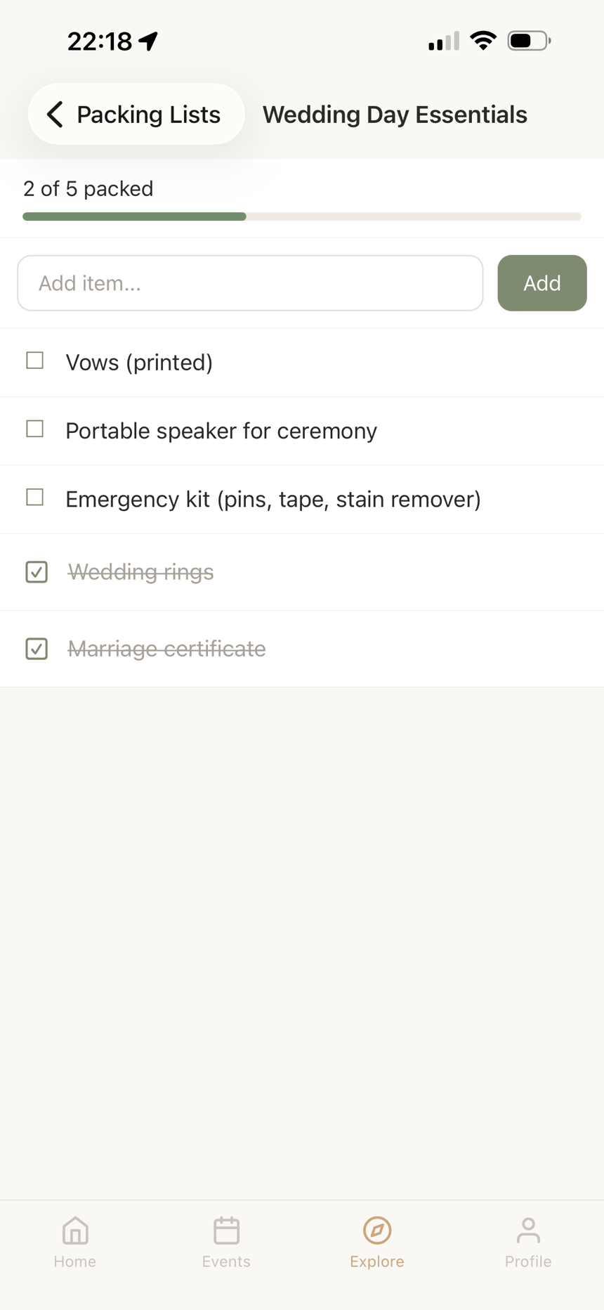 Collaborative packing list for the wedding day