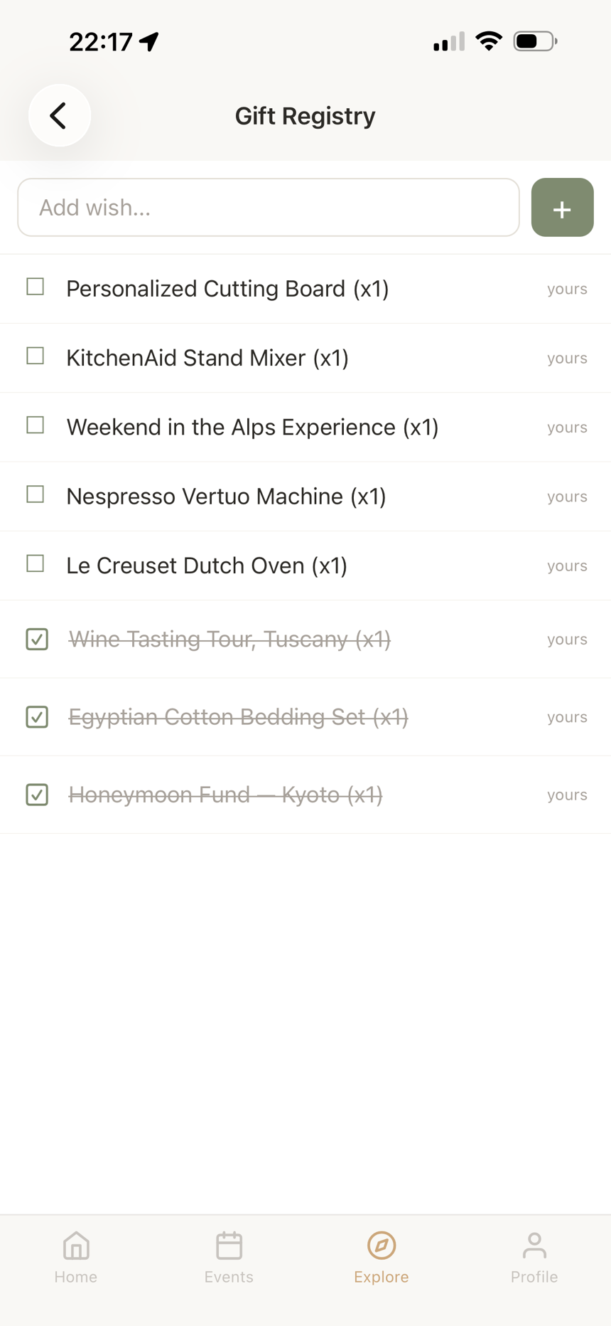 Shared gift registry with claimed wishes